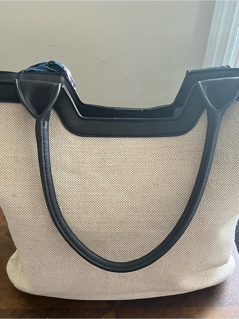 Rachel Zoe Cream Canvas Tote with Black Trim and Blue Scarf Accent - Picture 2 of 7
